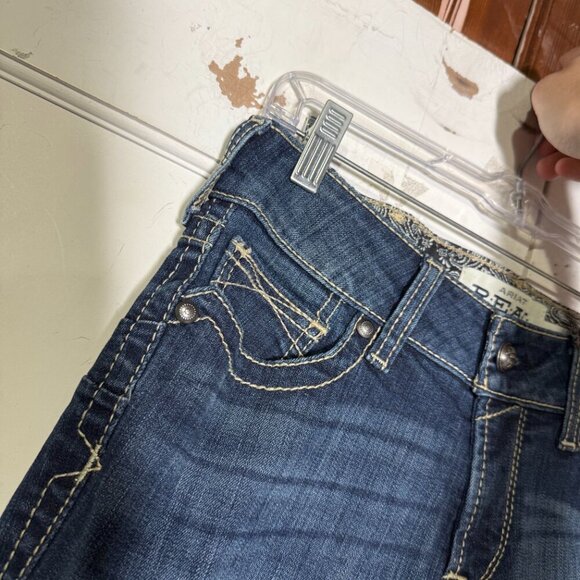 Ariat REAL Bootcut Riding Jeans Whipstitch Dark Blue Low Rise Fray Hem Size 28 - Picture 8 of 14